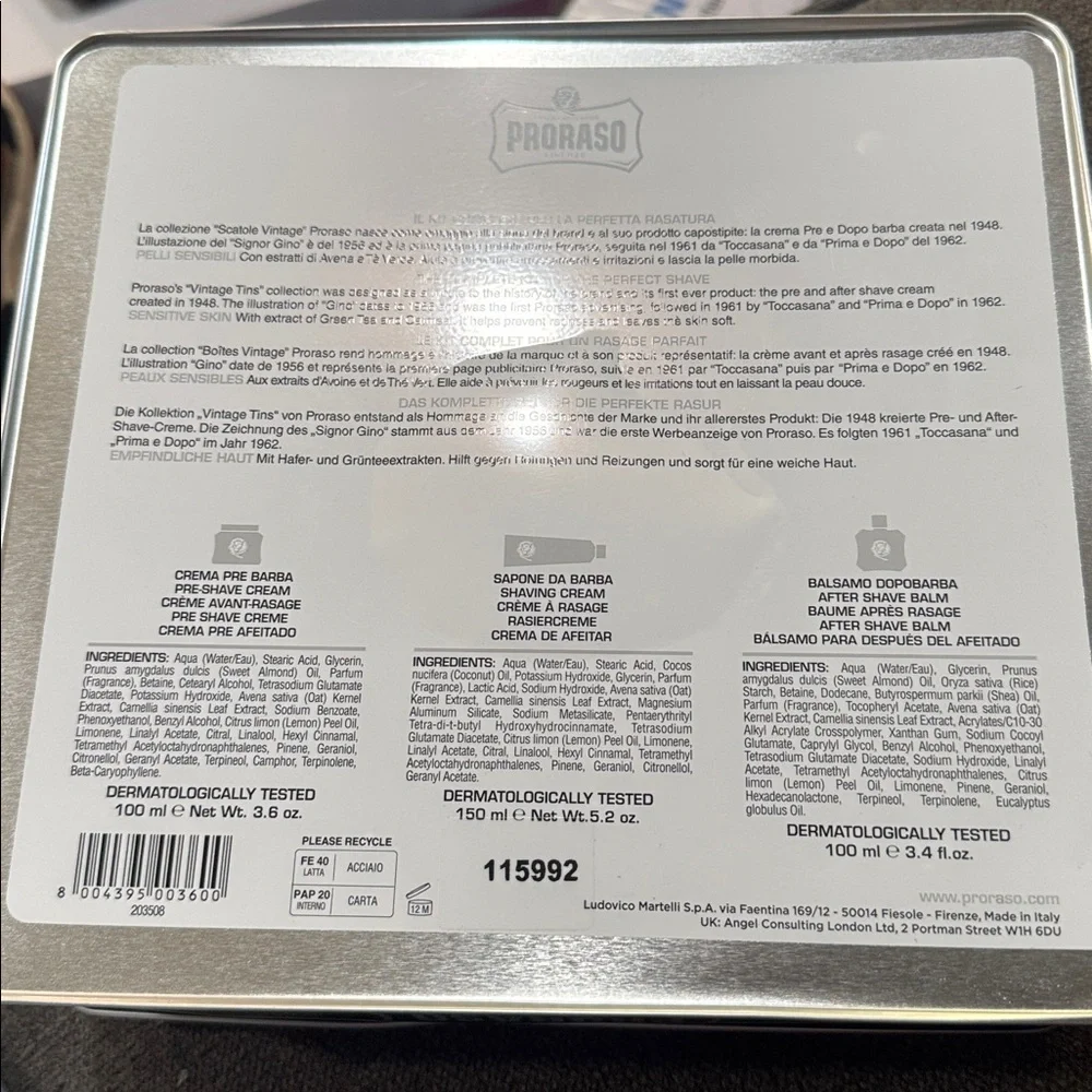 PRORASO Vintage Toccasana sensitive skin shaving Tin Gift set Set 3Pc